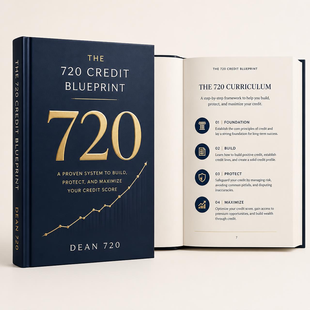 The 720 Credit Blueprint hardcover book with curriculum page spread